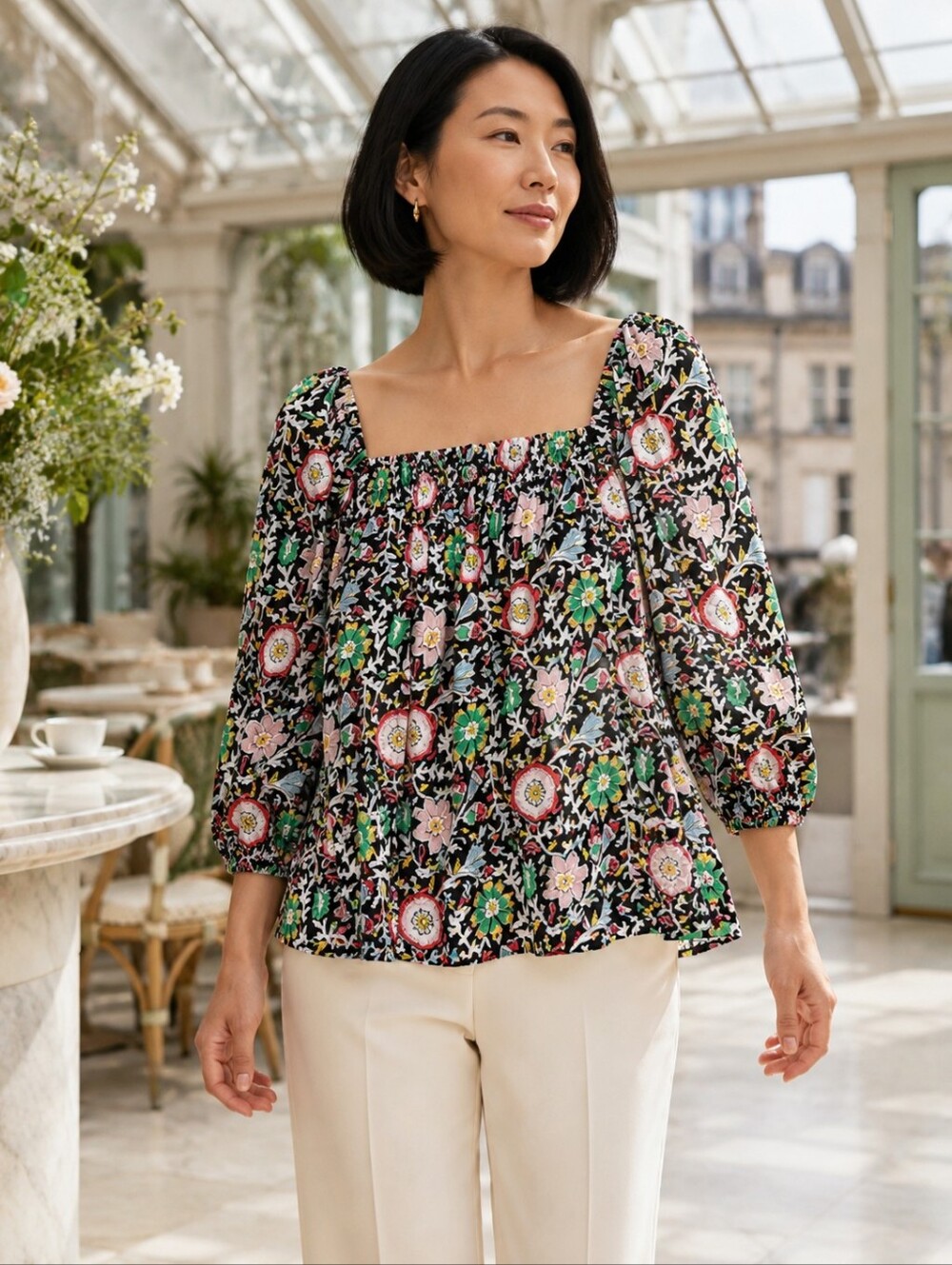Boden Square Neck Swing Top Black Floral Puff Sleeve Size 10